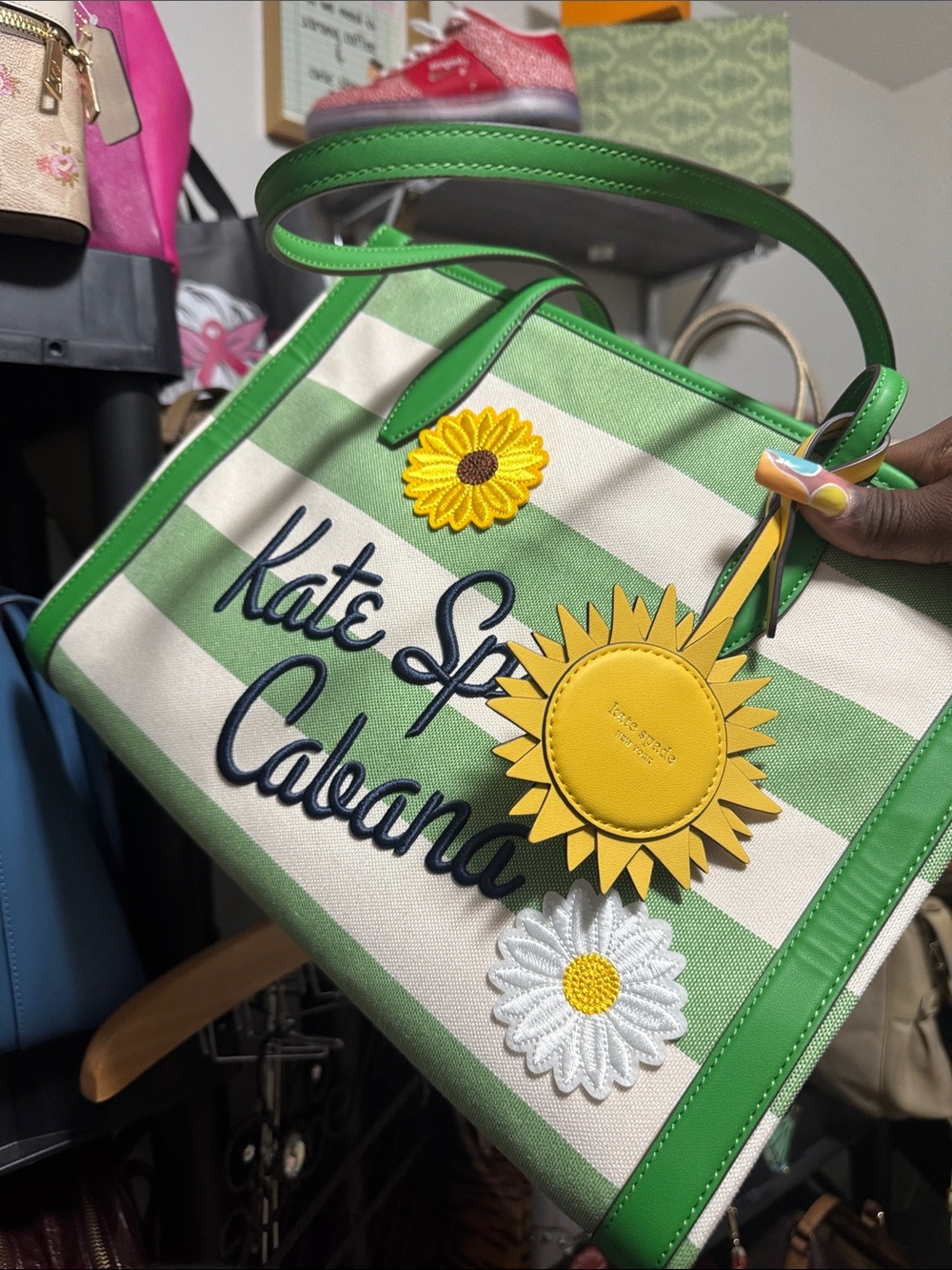 kate spade Green and White Striped Canvas Tote with Sunflower Charm